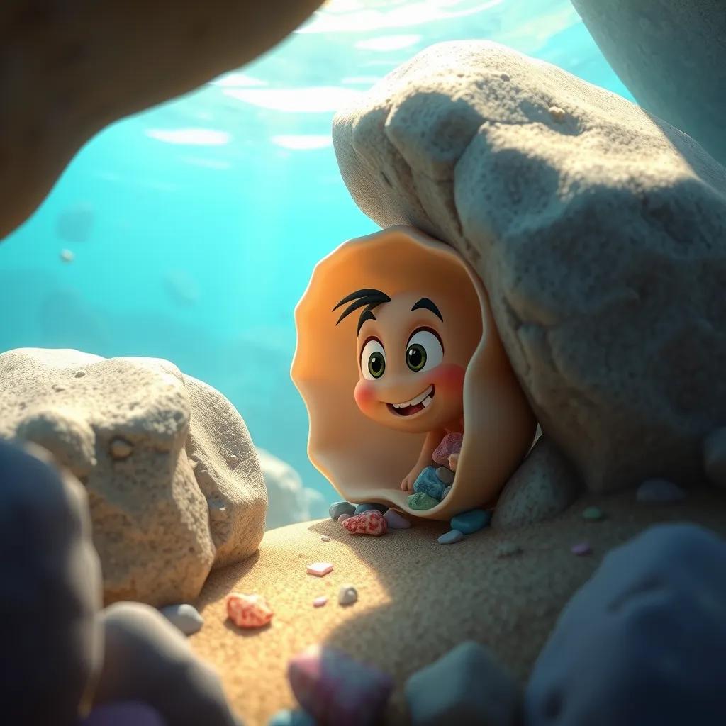 Rüzgar finding a beautiful seashell behind a big rock, with colorful stones inside the shell, amazed expression on his face, underwater scene, playful vibes, bright colors, fantasy style