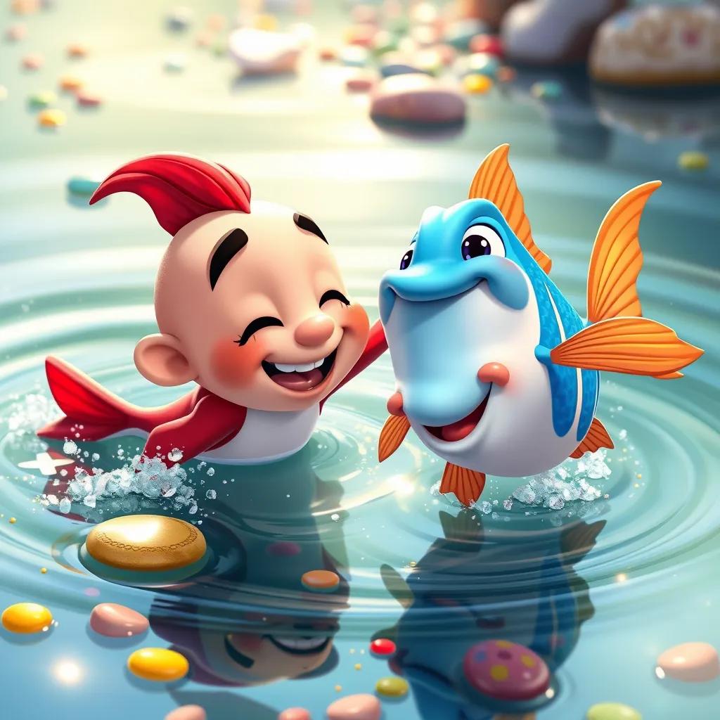 Rüzgar and his best friend, a blue fish named Mavi, joyfully playing together in the lake, with the colorful pebbles and shimmering water in the background, cheerful illustration, vibrant colors, high quality