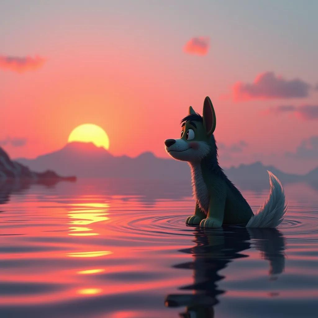 As the sun sets, Rüzgar reflecting on his adventurous day, with the orange and pink hues of the sunset illuminating the water around him, peaceful scene, heartwarming colors, uplifting imagery