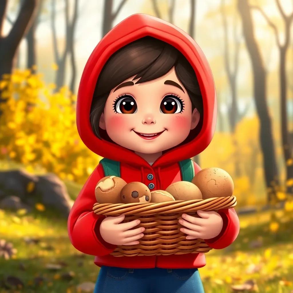 A cute little girl, Zeynep, about 6 years old, wearing a bright red hooded jacket, holding a basket filled with baked goods, smiling in a sunny forest, cheerful and colorful, digital art, high quality