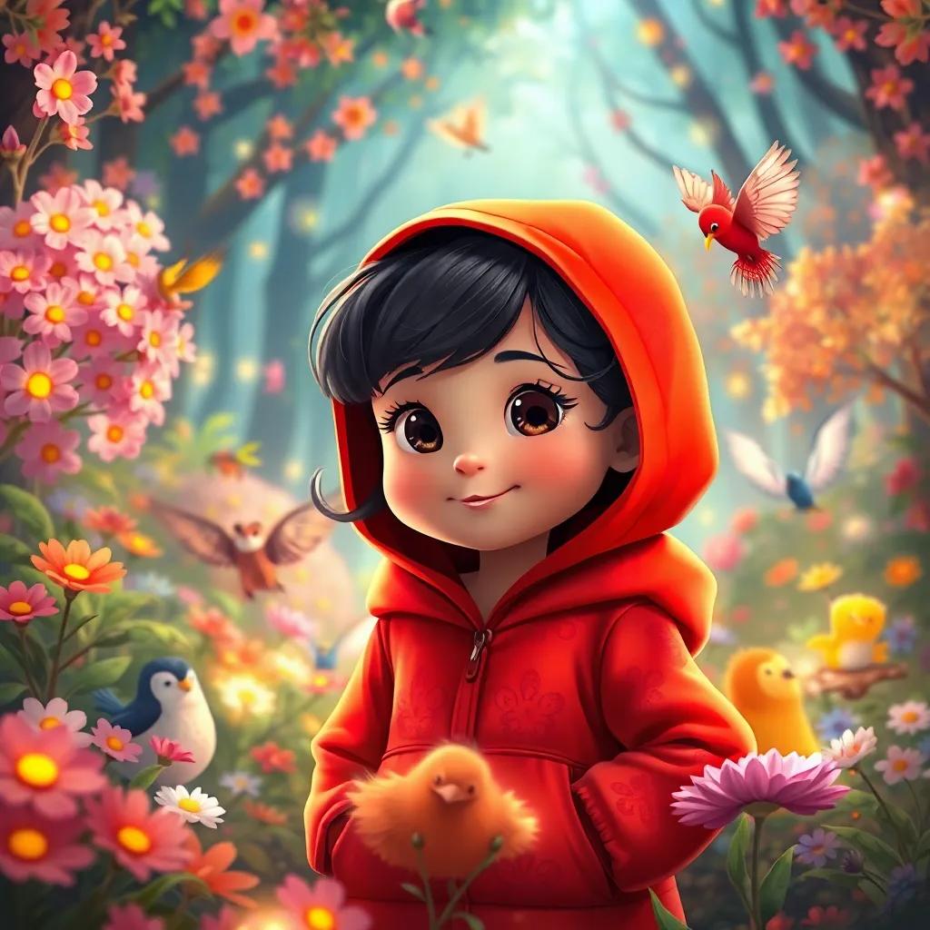 A curious little girl, Zeynep, with a bright red hooded jacket, exploring a colorful forest, surrounded by blooming flowers and chirping birds, playful animals around, enchanting lights, heartwarming scene, digital illustration, vibrant colors