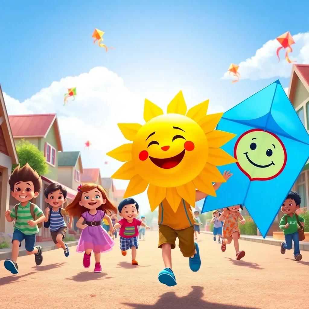 A sunny day in the town of Breezyville, children running and laughing with colorful kites, Jimmy with a bright blue kite featuring a smiling sun design, cheerful atmosphere, vibrant colors, lively scene, high quality