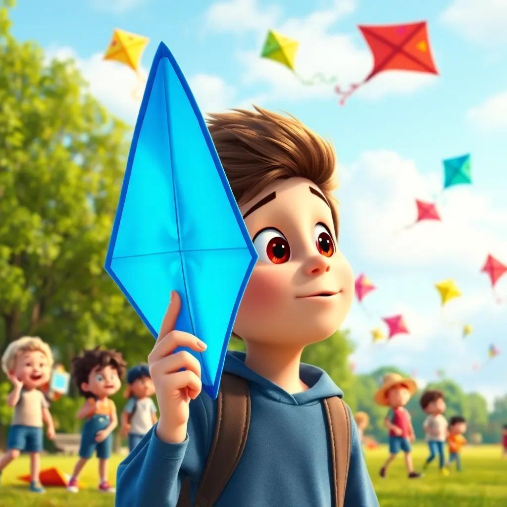 Jimmy with his bright blue kite, looking surprised as he hears it talking, park full of kids flying kites, colorful kites in the sky, animated expression, vivid colors, high quality