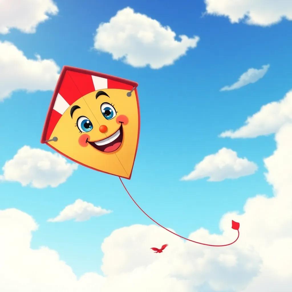 Jimmy's kite has a face, smiling and animated, flying high in the sky with fluffy clouds, sunny with a clear blue sky, joyful expression, fun and whimsical atmosphere, high quality
