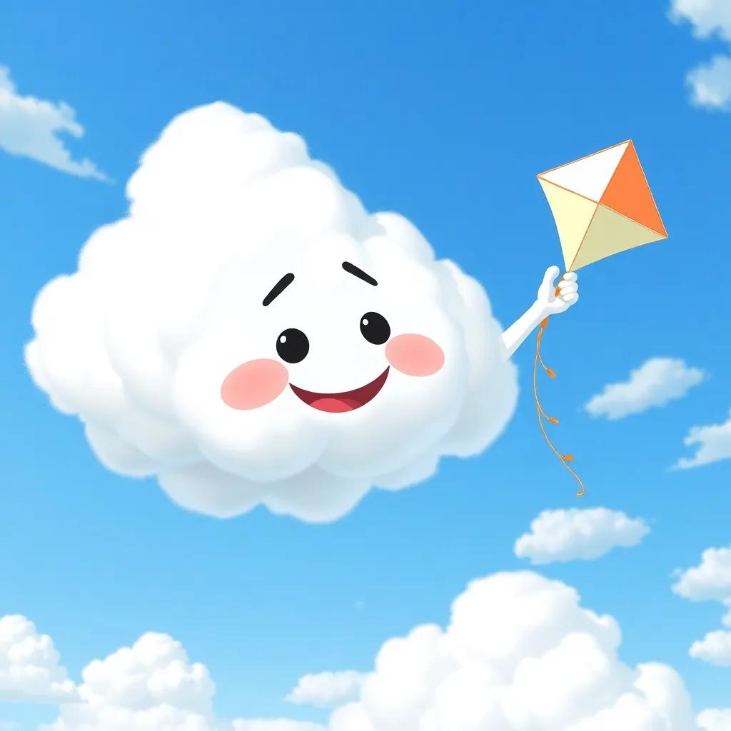 Fluffy cloud named Cumulus greeting Jimmy and his kite, with a friendly face and waving, big blue sky, background filled with other happy clouds, light and cheerful color palette, high quality