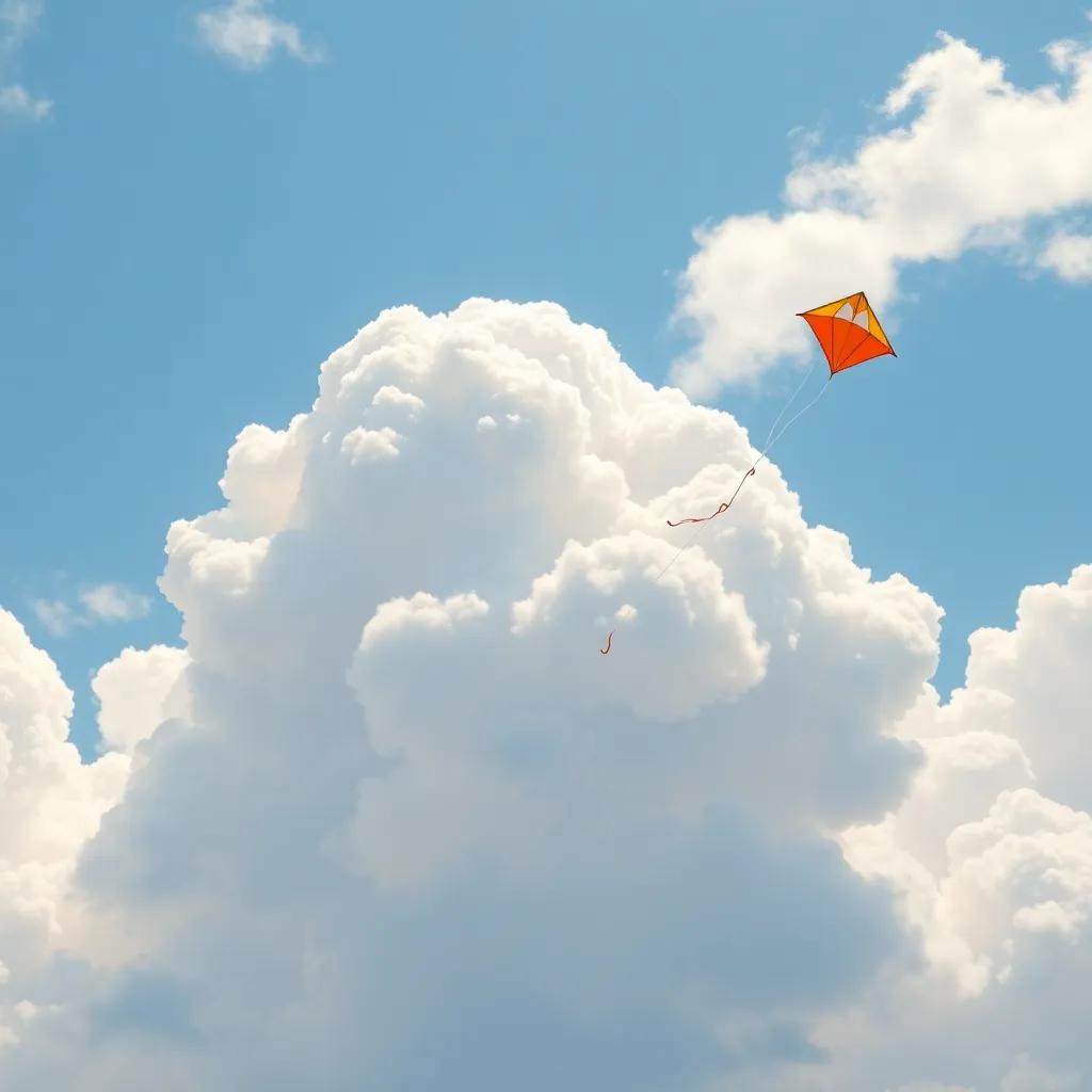 Cumulus and Jimmy's kite playing a game of tag, kite zooming around the fluffy cloud, sunny sky, dynamic motion, playful atmosphere, vibrant colors, high quality