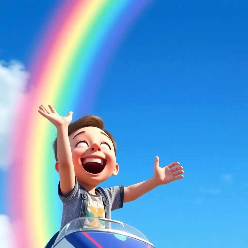 Rainbow in the sky inviting Jimmy to race, colorful against the blue sky, excitement and joy in Jimmy's expression, bright colors, high quality