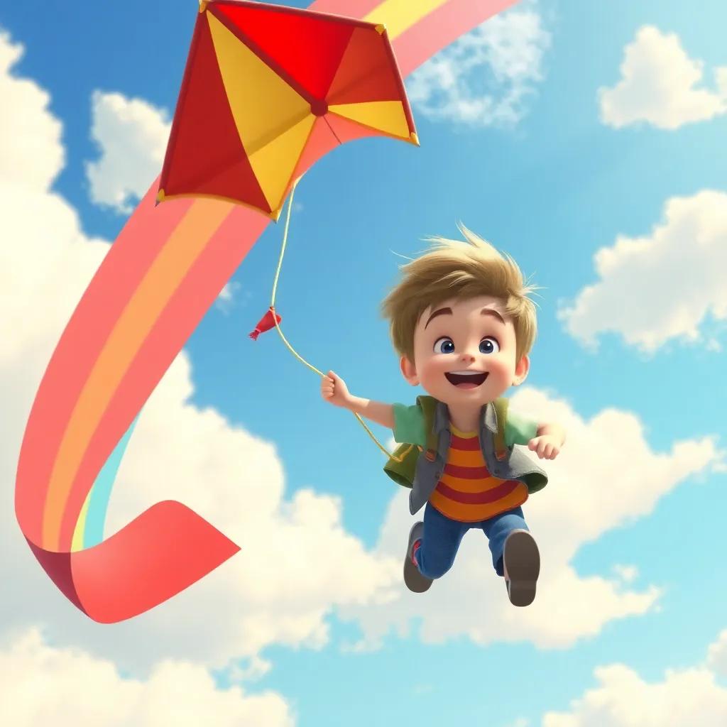 Jimmy and his kite racing through the sky with Rainbow, feeling free and joyful, fluffy clouds around, sunny and bright atmosphere, cheerful expressions, high quality