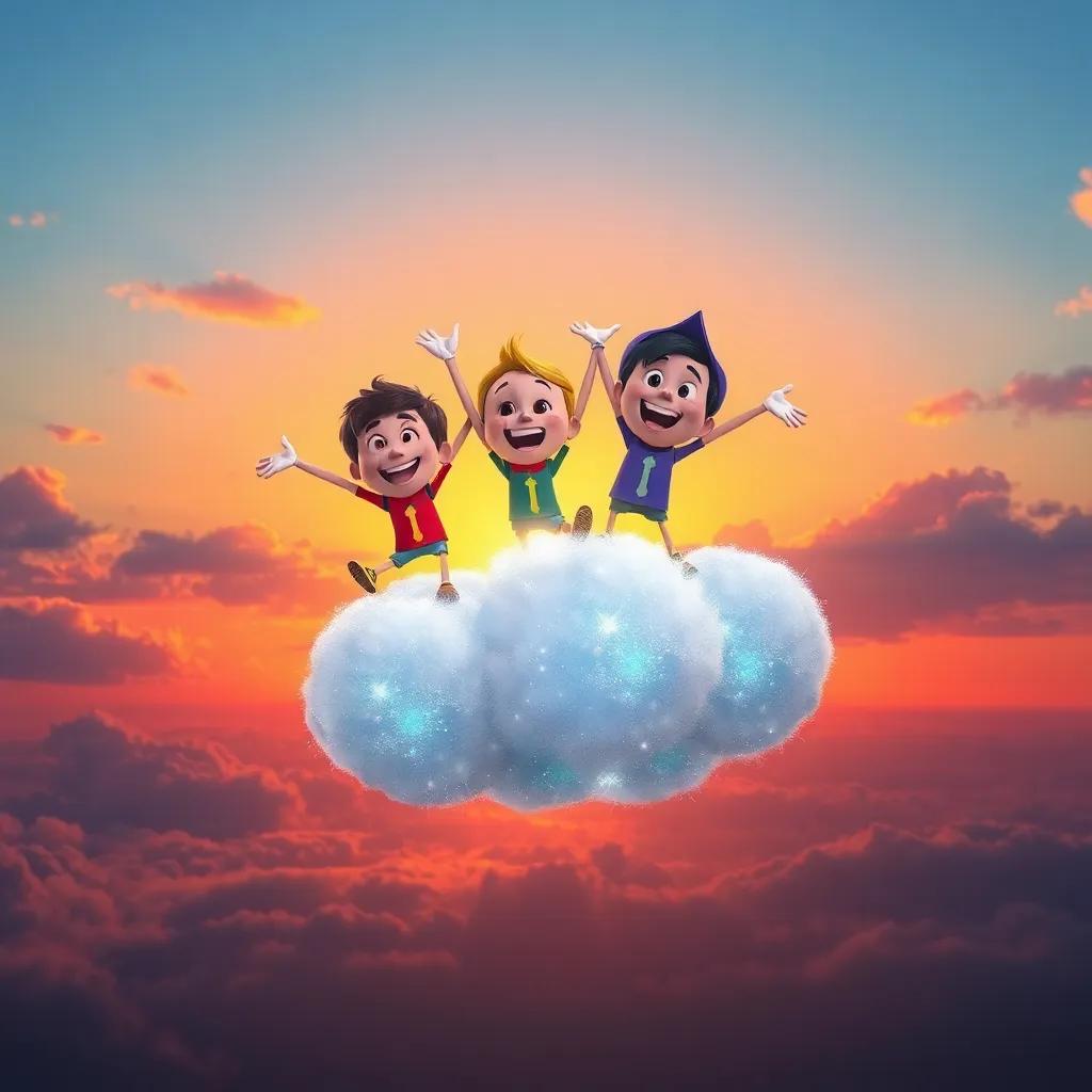 Jimmy and the Sky Friends landing on a sparkling cloud with smiles, colorful sky backdrop at sunset, celebration and joy, vivid sunset colors, high quality