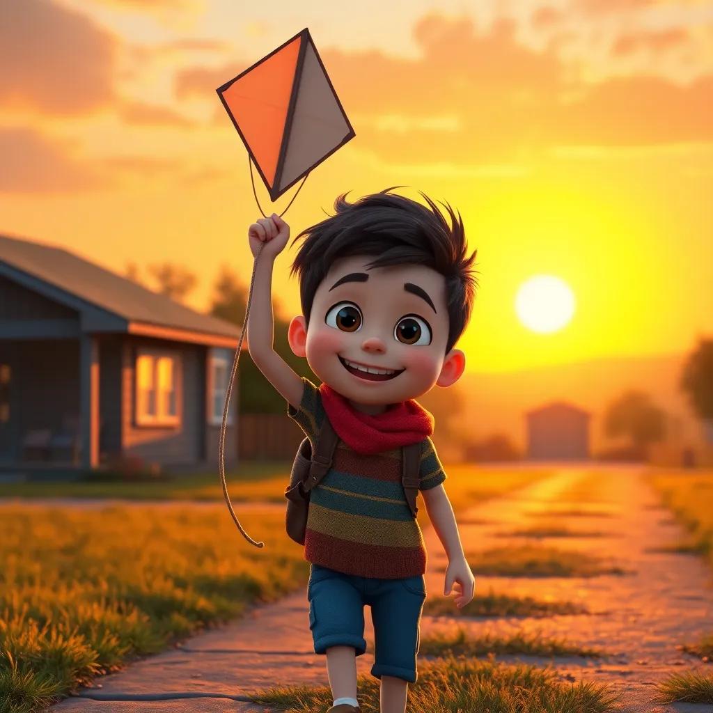 Jimmy returning home with his kite after the adventure, looking happy and content, sunset in the background, warm and inviting atmosphere, high quality