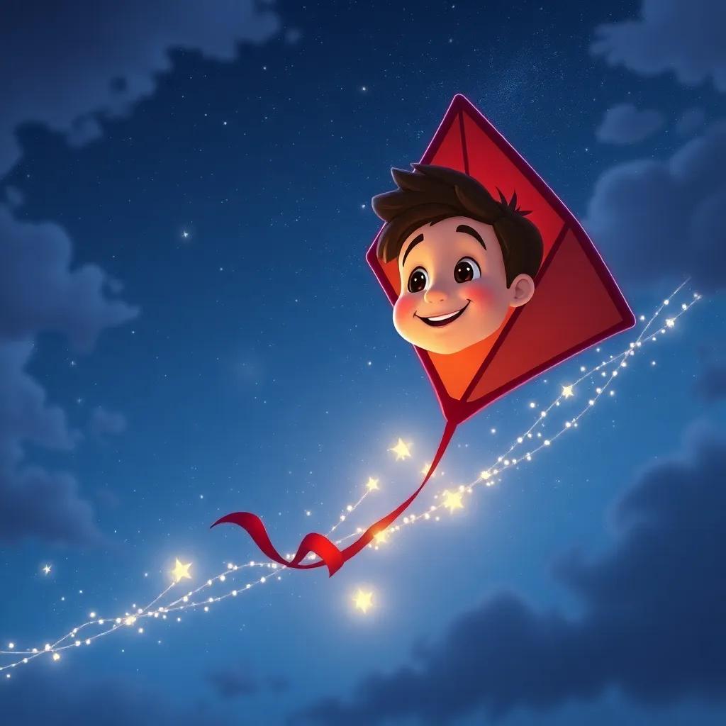 Jimmy's kite with a smile, whispering to him about new adventures, magical sky scene with stars beginning to twinkle, nighttime transitioning, whimsical atmosphere, high quality