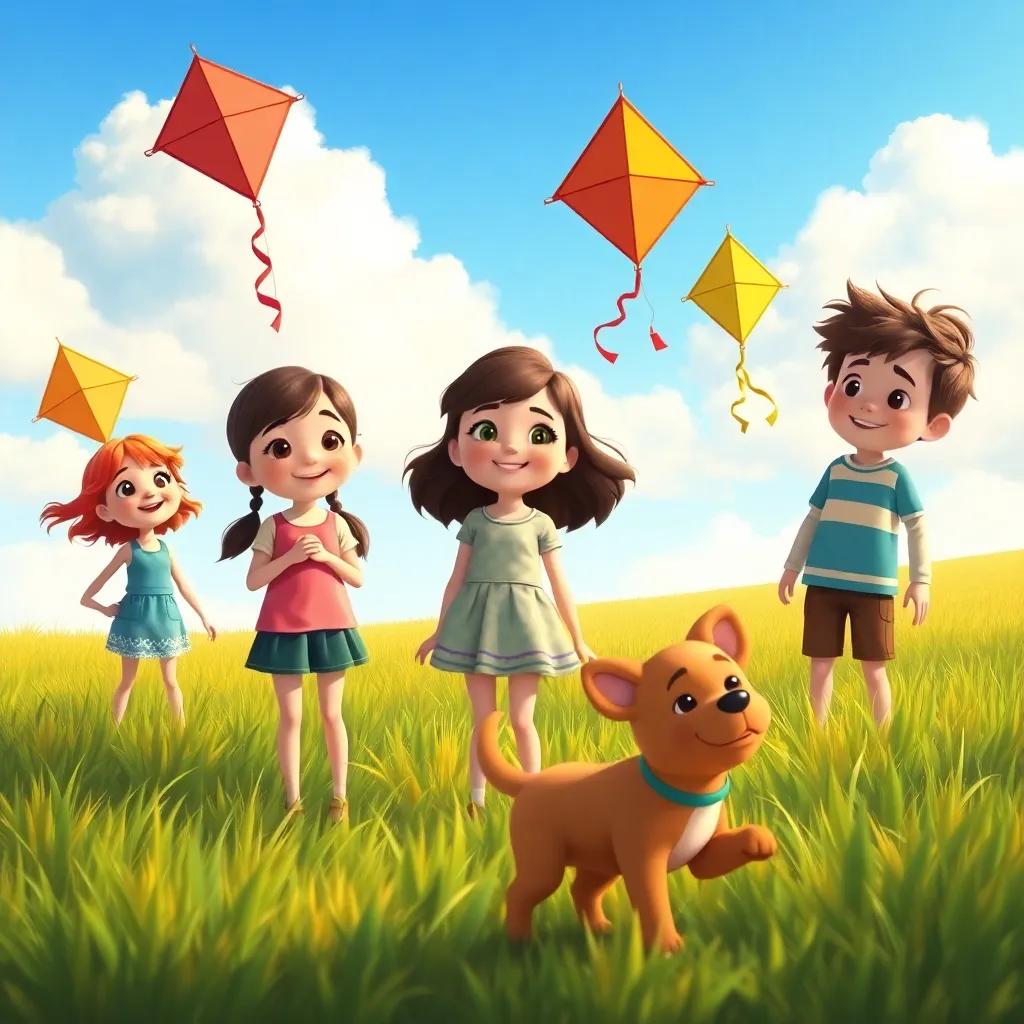 Lily and her friends, standing in a green field with their colorful kites up in the sky, a brown puppy running around, the blue sky is above with fluffy clouds, joyful expressions on their faces, illustration, warm light, cheerful vibes, child-friendly