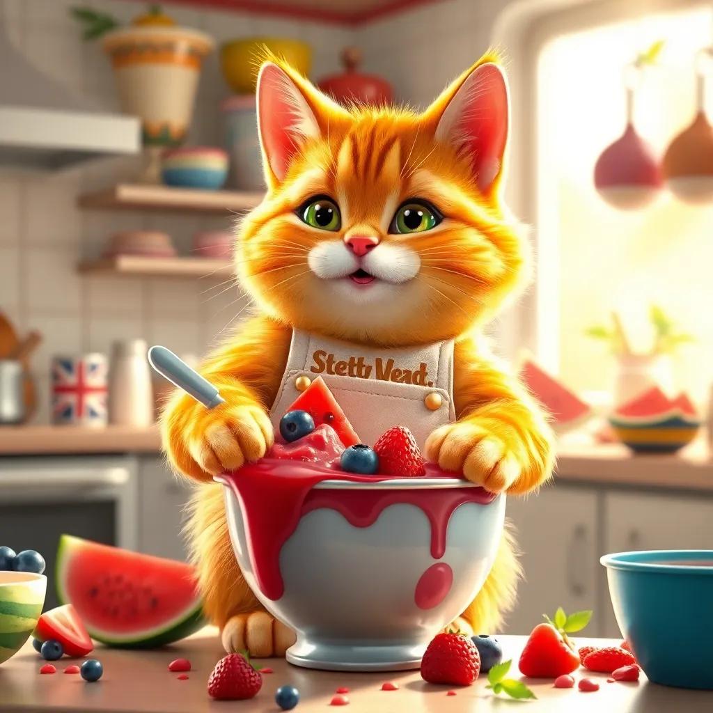 A golden cat named Kitty with shiny fur, wearing an ice cream vendor apron, mixing watermelon juice and berries in a bowl, bright kitchen, colorful ingredients scattered around, sunny light streaming in, lively environment, digital art, high quality