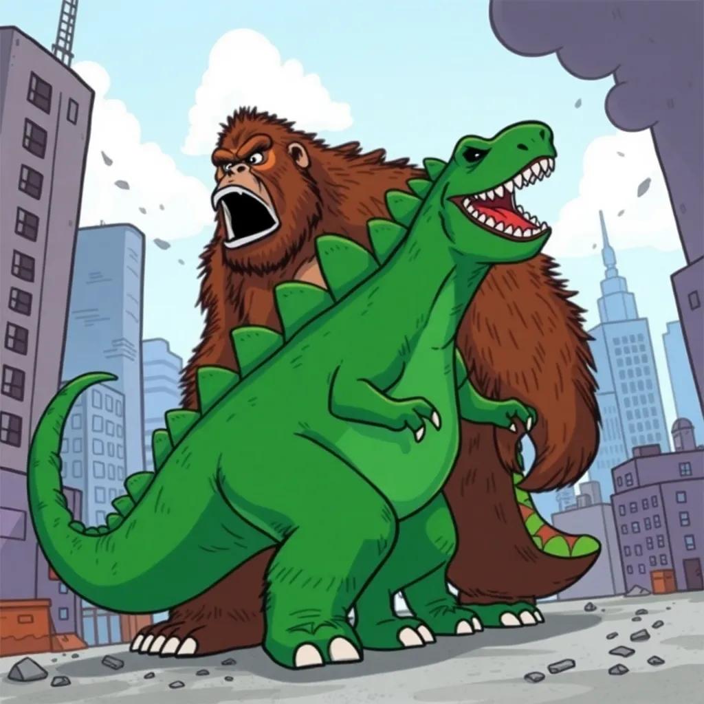 Kong, a great giant ape with brown fur, and Godzilla, a huge green dinosaur, standing side by side in a city with buildings crumbling around them, with a look of courage, colorful comic style, action packed, child-friendly