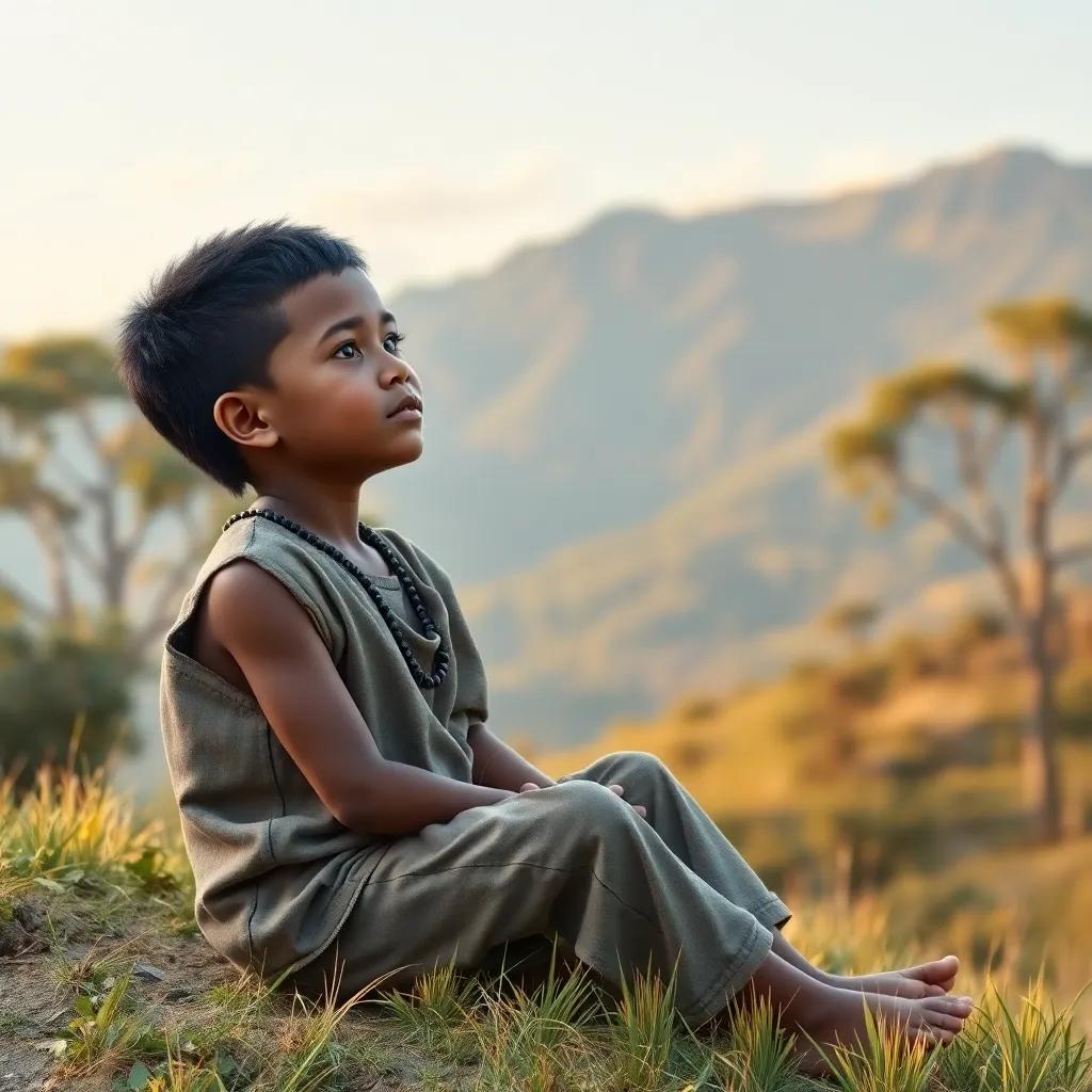 A young indigenous boy, Kusi, with short black hair, wearing a simple woven shirt and trousers, sitting on a grassy hillside, listening to the wind with a thoughtful expression, surrounded by trees and mountains, digital art, warm colors, peaceful atmosphere, high quality