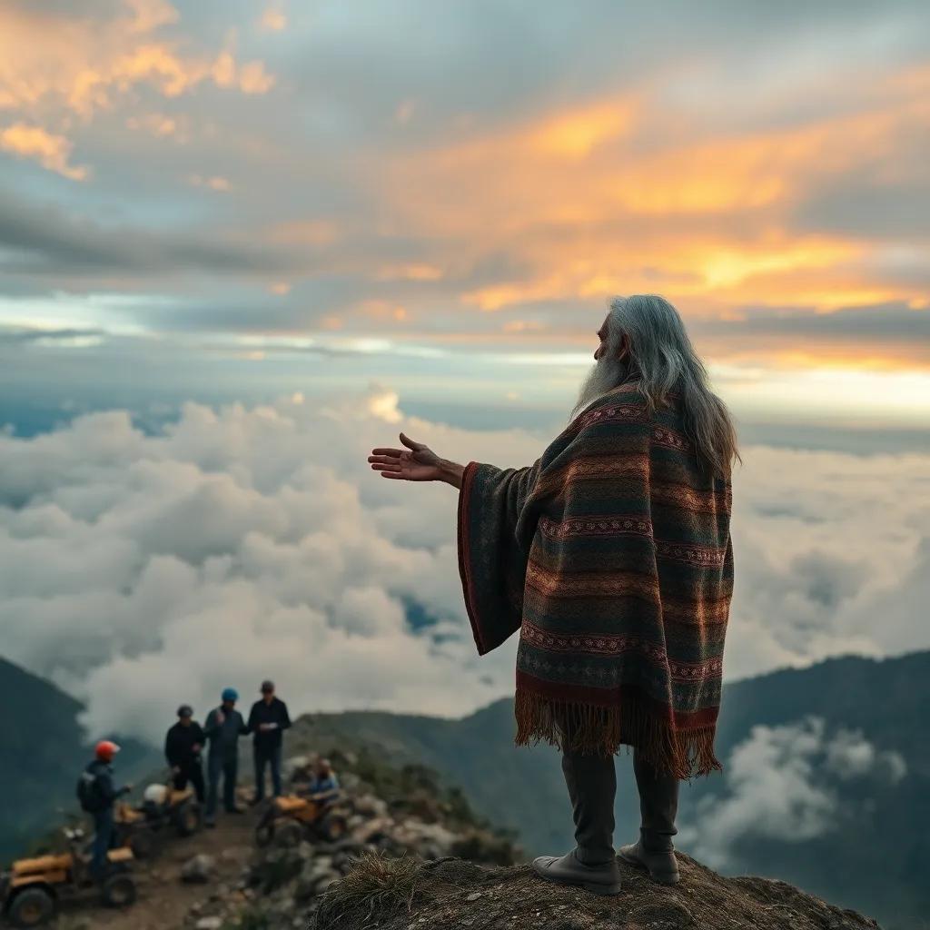 An old indigenous man, Kusi's grandfather, with long gray hair and a traditional poncho, standing on a mountaintop, gesturing towards a group of men in helmets and machinery at the base of the hill, dramatic sky, intense colors, storytelling view, high quality