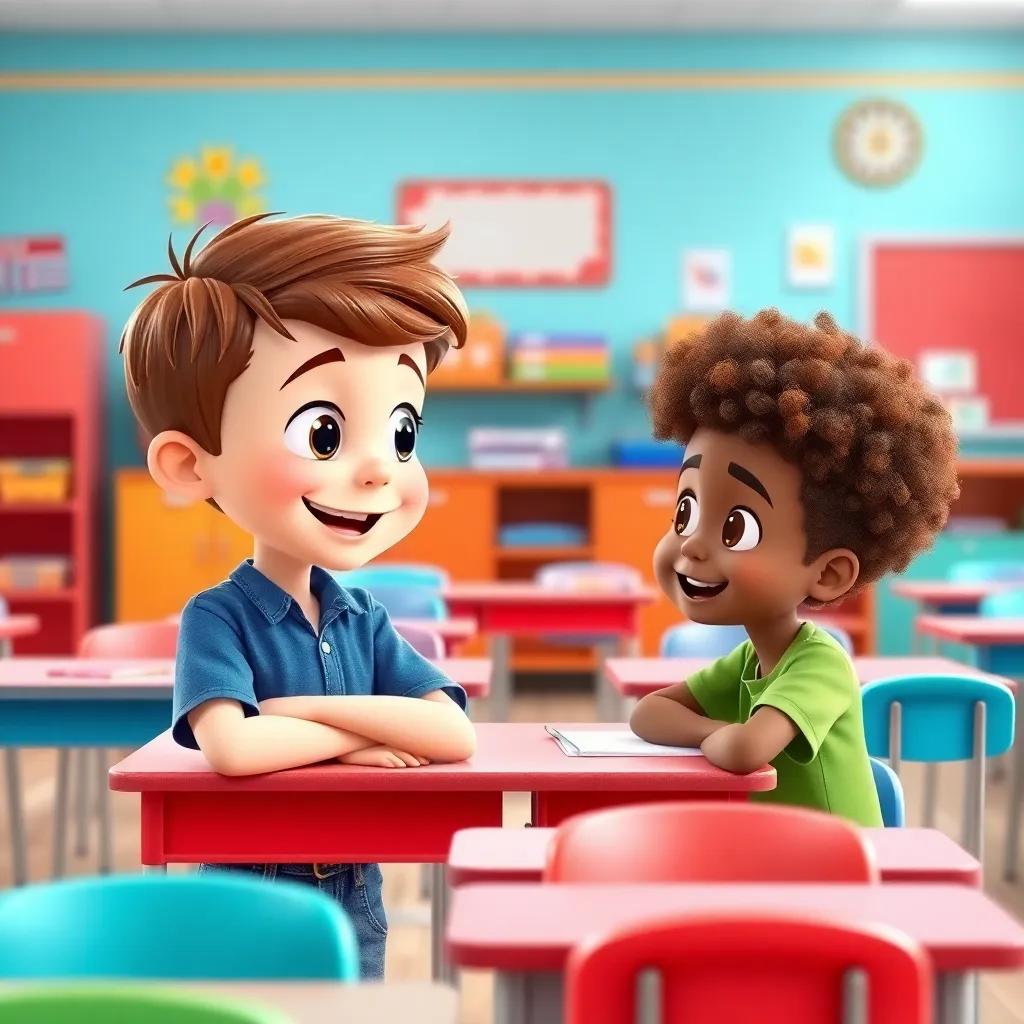 A bright and cheerful third-grade classroom, showing Kyle, a young boy with short brown hair wearing a blue shirt and jeans, talking to Timmy, a simple boy with curly blonde hair in a green shirt, both smiling and surrounded by colorful desks, digital art, vibrant colors, playful atmosphere, high quality