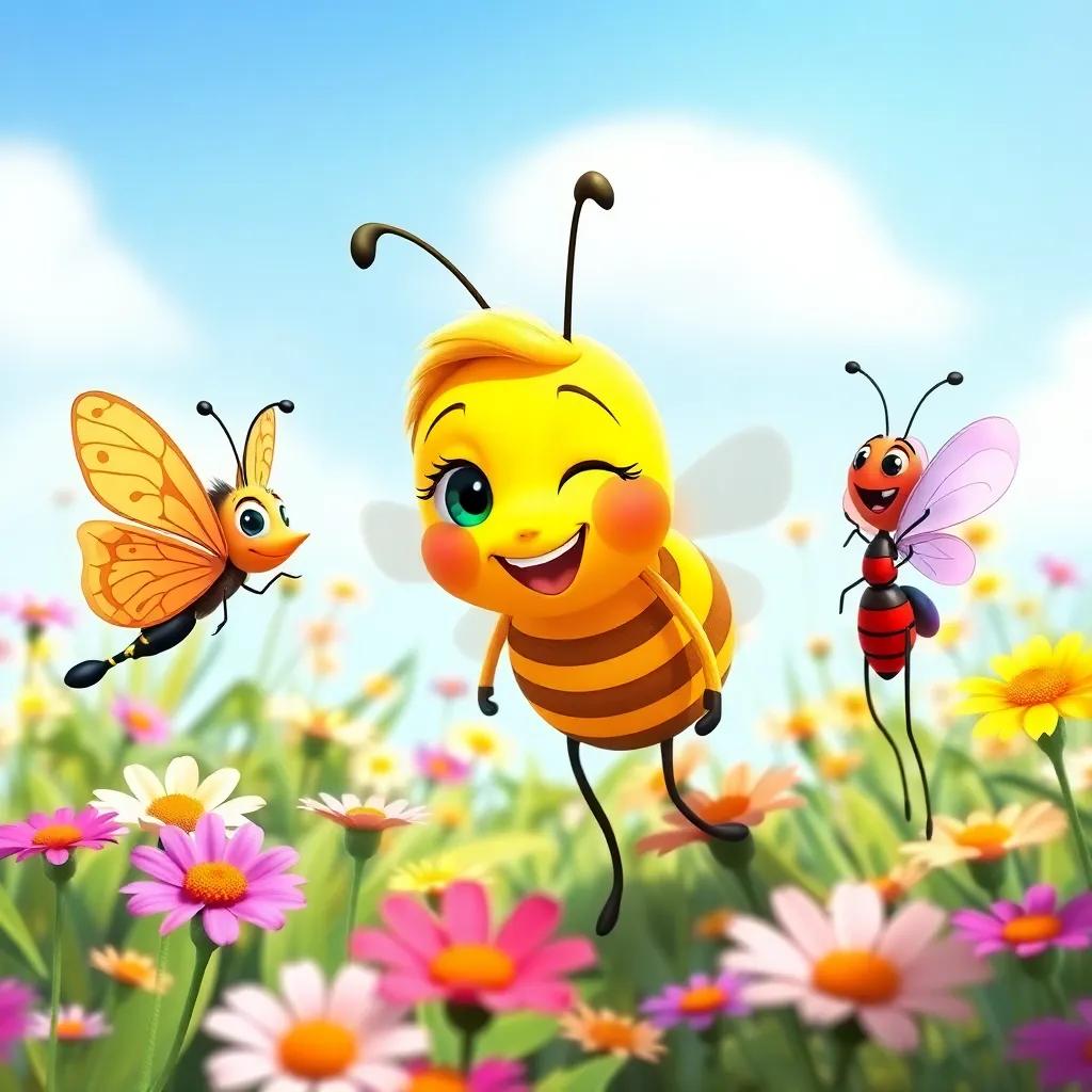 Bella, the bee, with bright yellow stripes, asking her friends Lila the butterfly and Ana the ant for help, in a sunny flower field, joyful and vibrant, digital art, colorful
