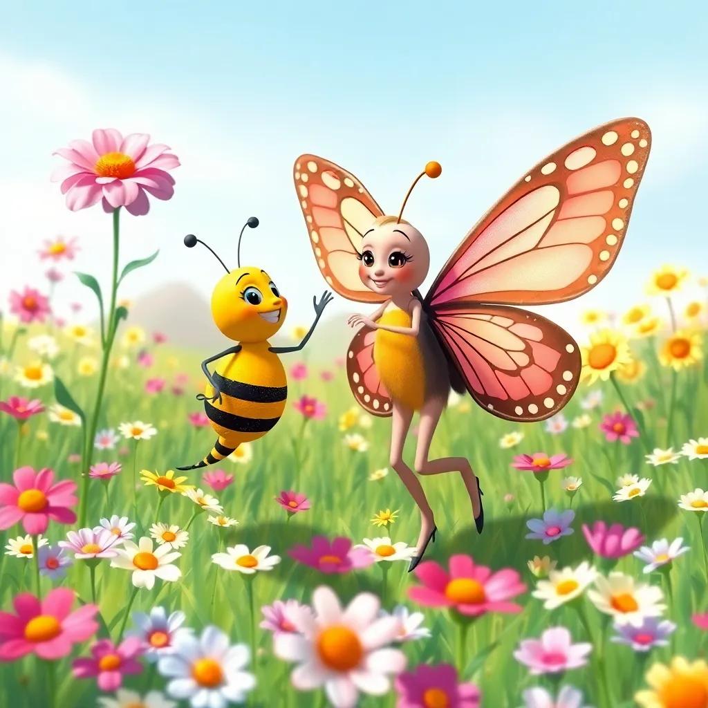 Lila the butterfly showing dance steps to Bella the bee in a flower-filled meadow, with a clear blue sky, friendly and cheerful vibes, bright colors, detailed illustration