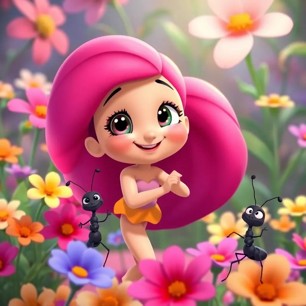 Bella trying to dance like Lila, looking a bit clumsy but smiling, surrounded by colorful flowers, Ana the ant cheering her on, cute and playful, vibrant colors, high quality