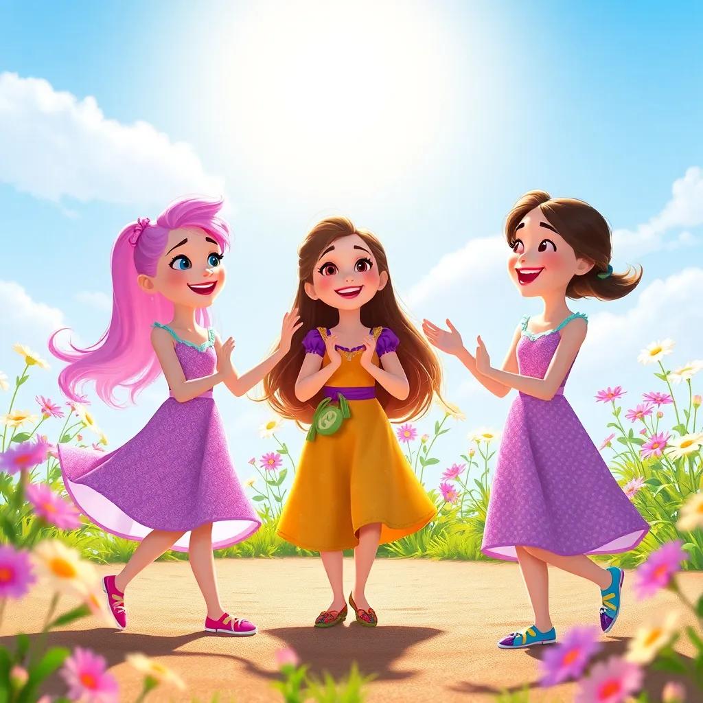 Lila and Bella dancing in a circle with Ana clapping, all three looking happy under the sun, flowers swaying, bright atmosphere, joyful and lively, digital art