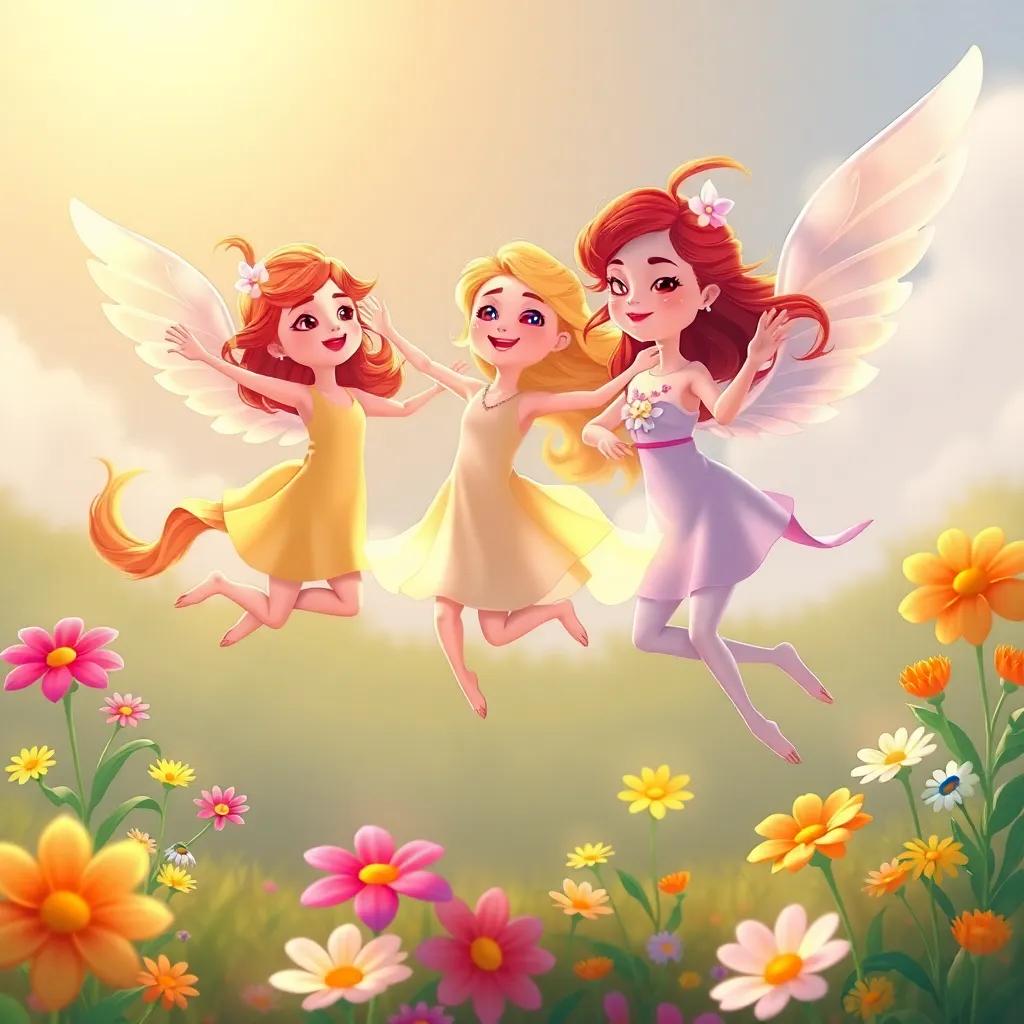 Bella dancing joyfully in the sun with Lila and Ana, their wings and legs moving gracefully in sync, colorful flowers around them, warm colors, child-friendly artwork
