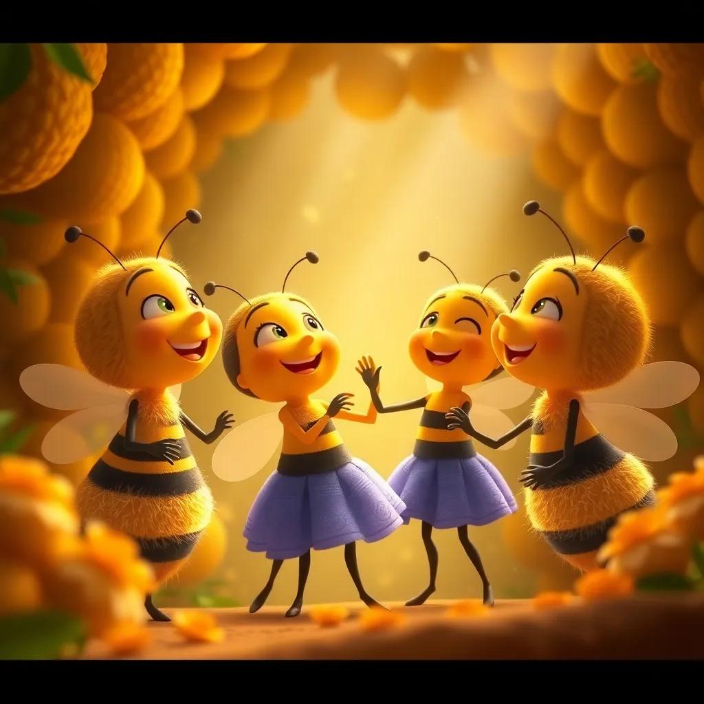 The bees in the hive are smiling at Bella and her friends, celebrating their dance with laughter, warm light, creating a happy feeling, vibrant and friendly scene