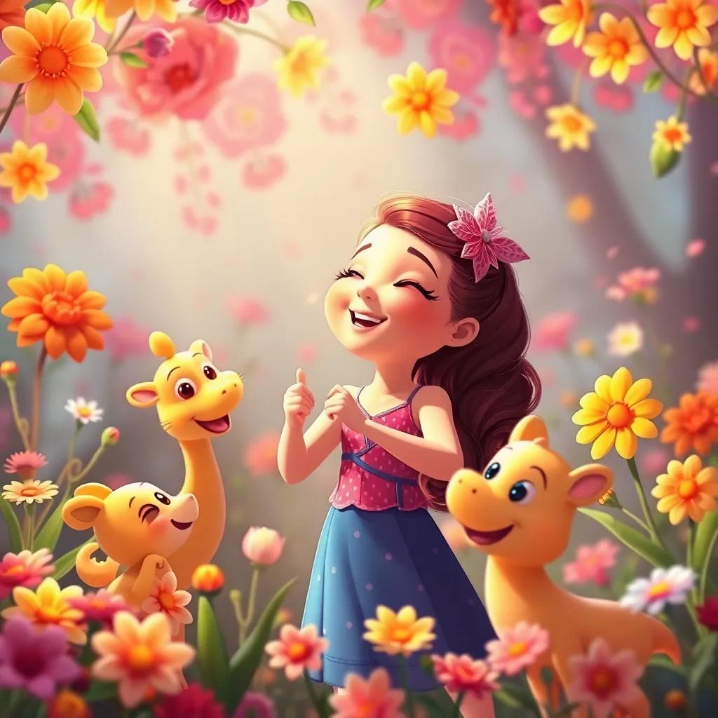 Bella expressing her joy after learning to dance, surrounded by colorful flowers and her happy friends, heartfelt moment, warm colors, storybook style