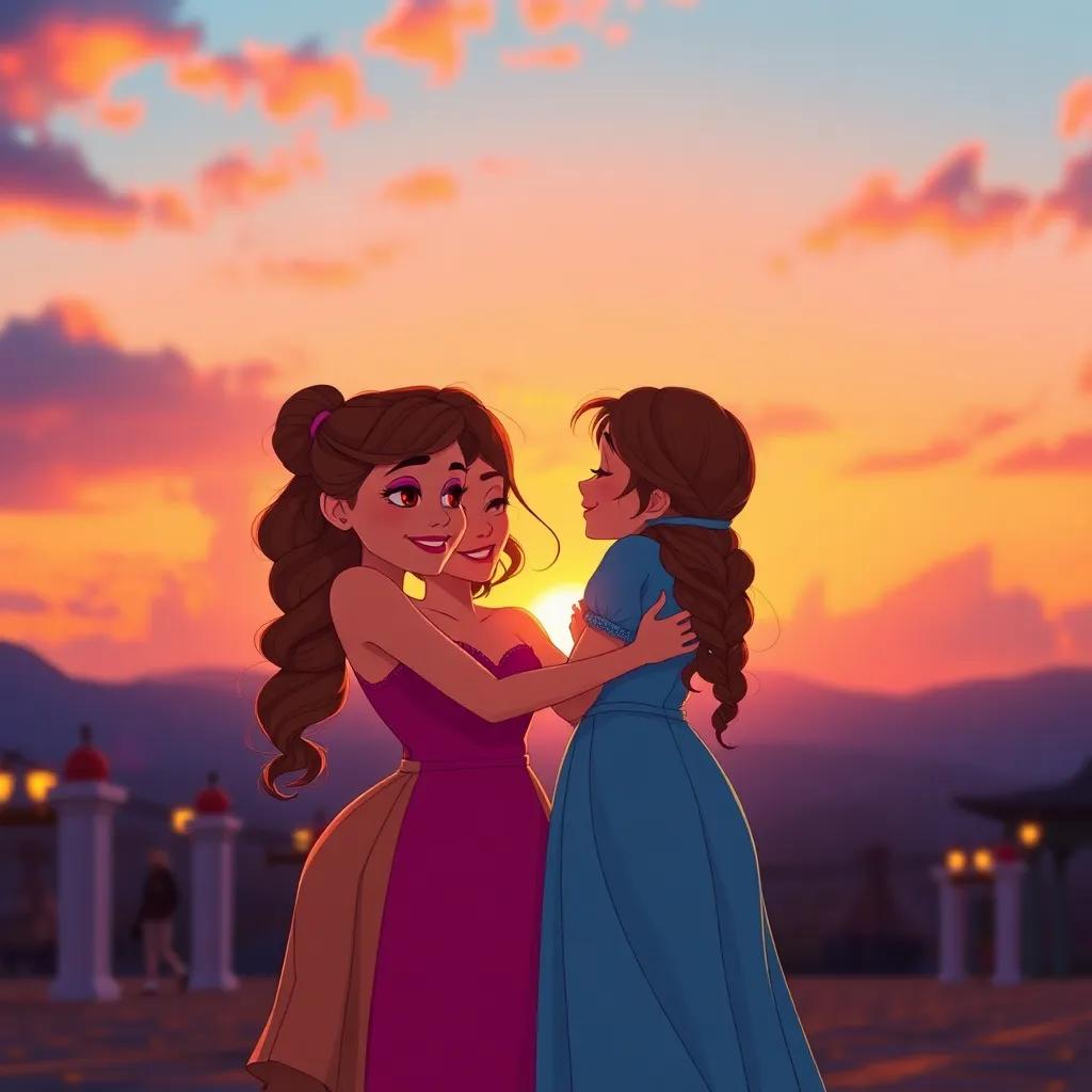Bella, Lila, and Ana hugging each other happily at sunset after a day of dancing, colorful sky, love and friendship depicted, vibrant and emotional