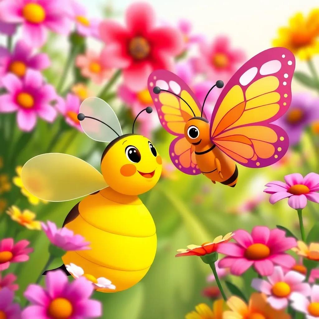 Bella, the bee, chatting with a bright butterfly named Maya, with colorful wings, in a blooming garden surrounded by flowers, sunny day, friendly and cheerful scene, bright colors, child-friendly style, high quality