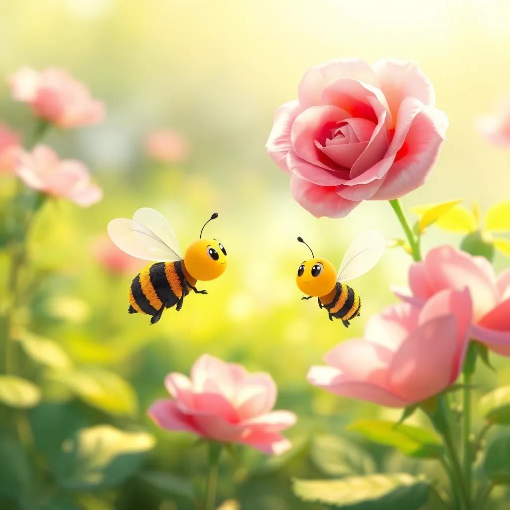 Bella the bee flying toward a beautiful rose flower, with soft petals and a sweet aroma in a sunny garden, peaceful and serene, bright light, high detail, child-friendly illustration