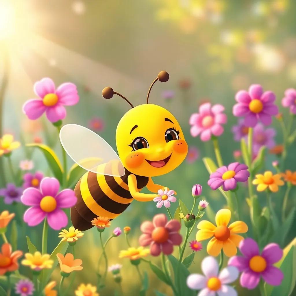 A cheerful scene of Bella the bee helping flowers grow with care, spreading joy and kindness, soft sunlight illuminating the vibrant garden, warm colors, heartwarming illustration, high quality