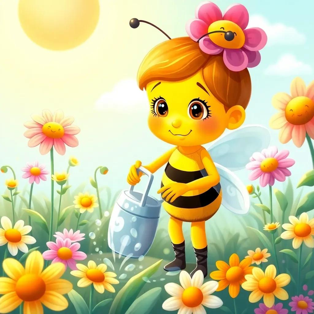 Bella the bee happily watering sad flowers, with her little senses and stories, surrounded by smiling flowers and sunny skies, enchanting atmosphere, colorful and inviting, child-friendly art