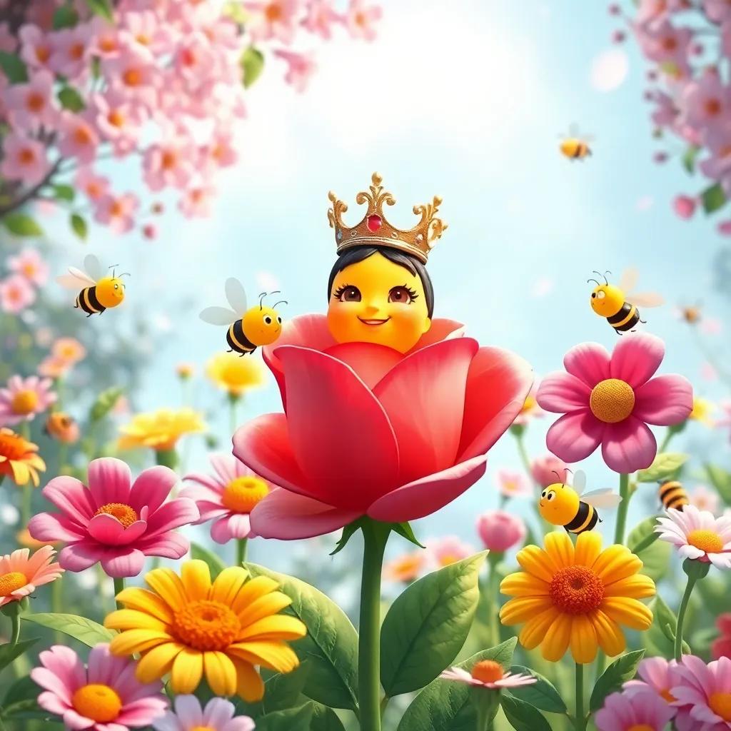 A garden celebration with Bella the bee being crowned queen by the beautiful rose surrounded by other happy flowers and bees, joyful atmosphere, bright and colorful, festive scene, high quality
