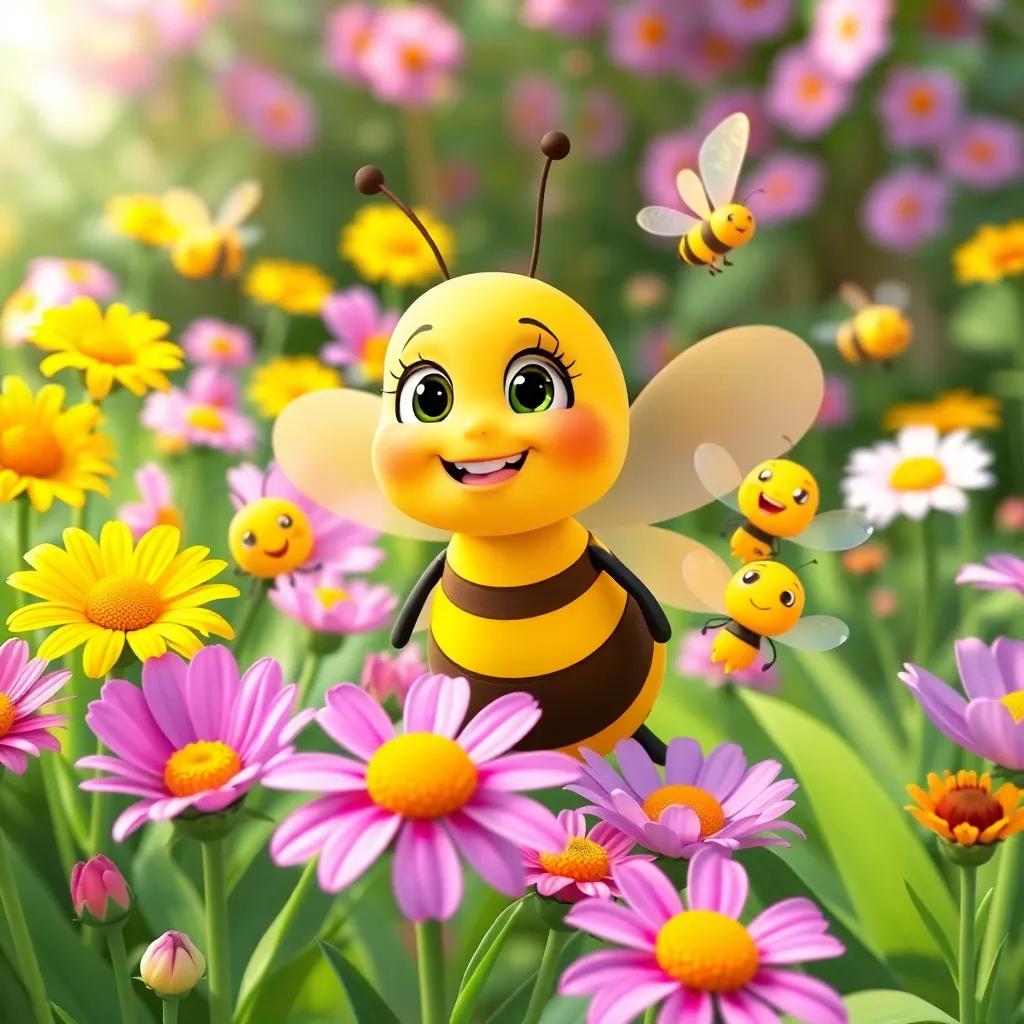 Bella the bee and her friends happily buzzing around the blooming flowers in the garden, creating a joyful and friendly environment, bright colors, uplifting scene, high detail, child-friendly