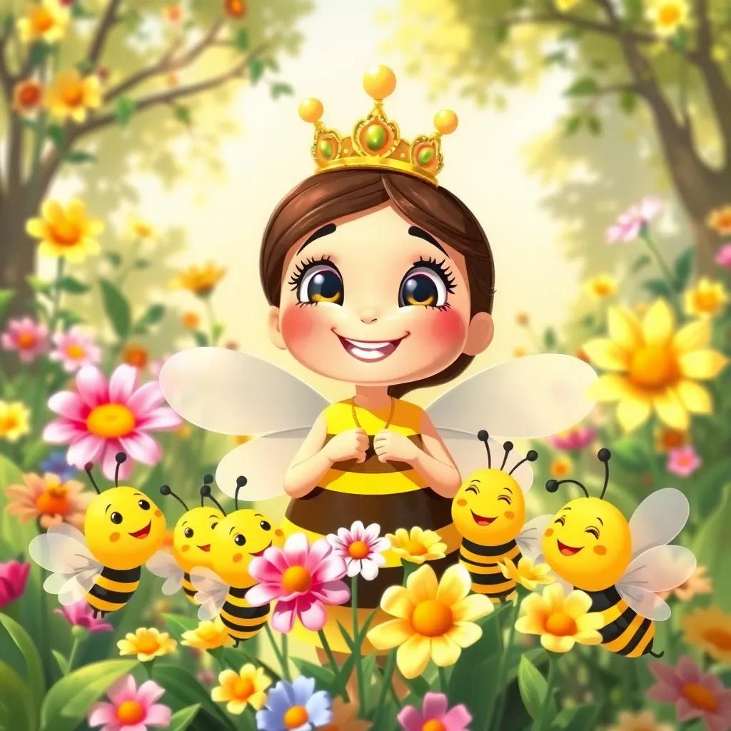 Bella the bee with her crown, surrounded by flowers and her bee friends, celebrating their happiness and friendship in a sunny garden, vibrant colors, heartwarming illustration, high quality
