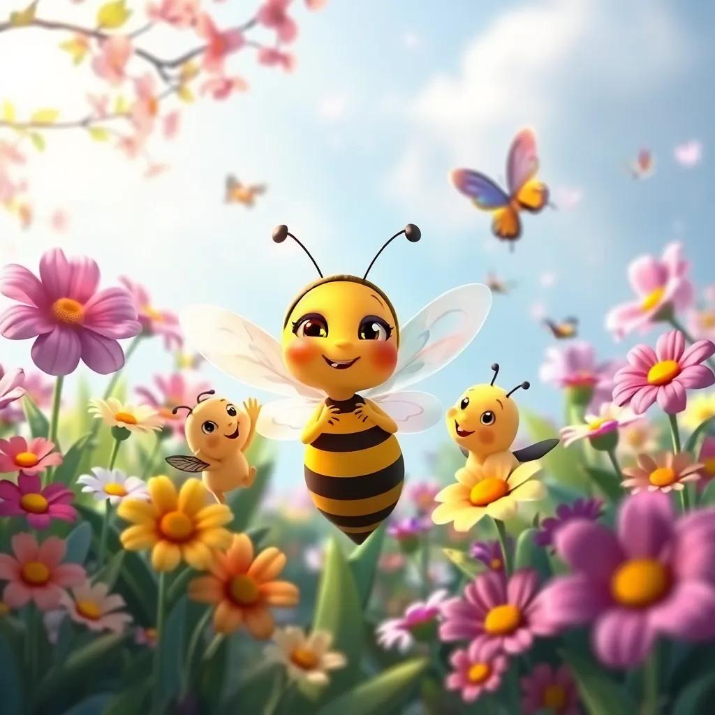 Bella the bee living happily in the garden with her friends, surrounded by colorful flowers, representing her dream come true with love and friendship, enchanting atmosphere, vibrant colors, high quality
