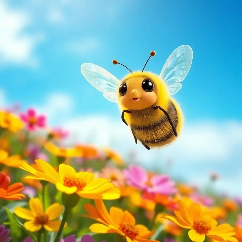 Una pequeña abeja llamada Bella con alas brillantes, volando sobre flores coloridas en un campo soleado, digital art, brillante y alegre, colores vibrantes, vista amplia, alta calidad