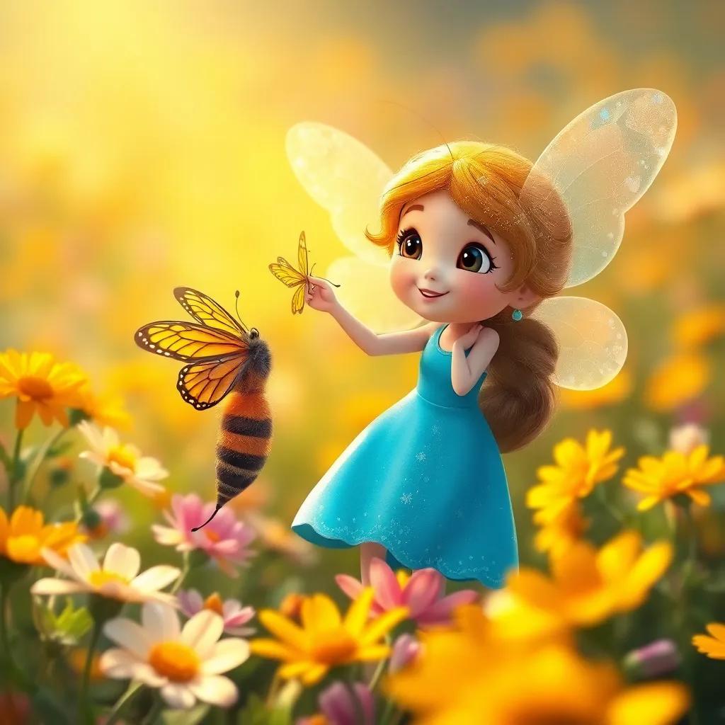 Bella, la abeja con alas brillantes, jugando con una mariposa sonriente en un campo de flores, digital art, feliz y colorido, perspectiva cercana, calidad encantadora