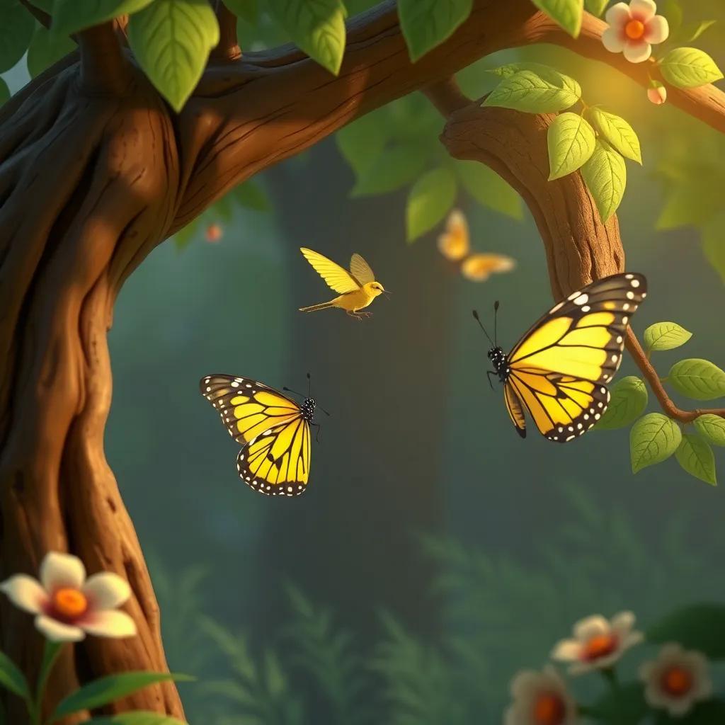 Bella, la abeja y una mariposa escuchando a un pájaro que canta en un árbol frondoso, digital art, entorno natural, animado, encantador