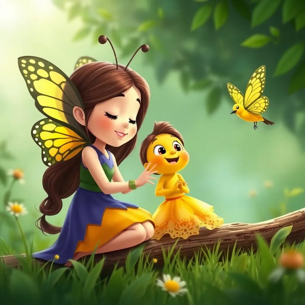 Bella, la abeja y la mariposa intentando cantar con un pequeño pájaro en un paisaje verde, digital illustration, alegre, perfecta luz, adorable atmósfera