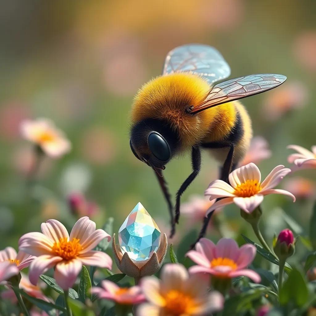 Bella, la abeja, mirando un pequeño cristal brillante en el suelo, rodeada de flores hermosas, digital art, fantástico y atractivo, colores cálidos, vista cercana