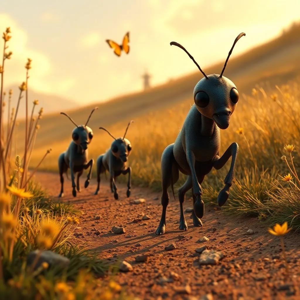 Un grupo de hormigas trabajando duro en un camino de tierra, con Bella y la mariposa saludando en el fondo, digital art, detallado, animado, visión amplia, estilo infantil