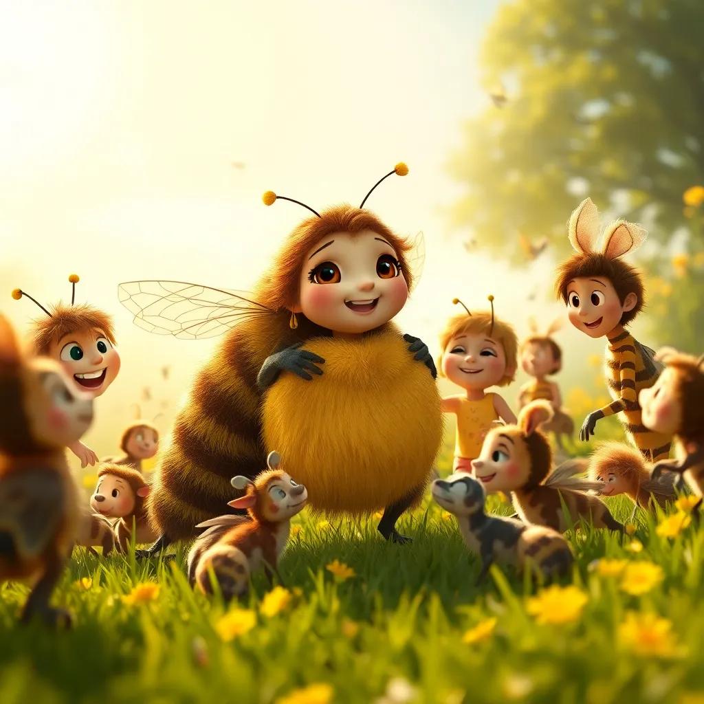 Bella, la abeja, rodeada de todos sus nuevos amigos riendo y jugando en un campo, digital art, vibrante, con luz dorada, perspectiva alegre, nivel de detalle alto