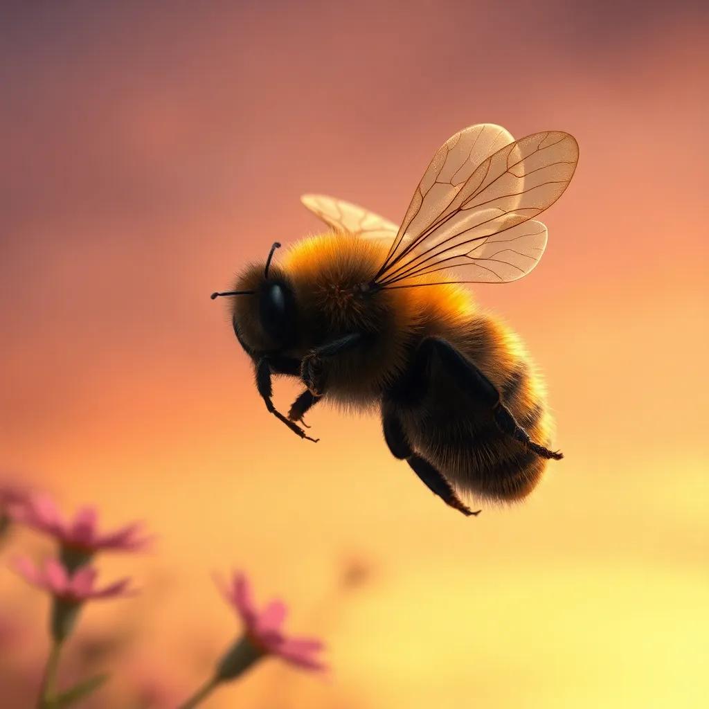 Bella, la abeja volando hacia su colmena al atardecer, con un fondo de color naranja y púrpura, digital art, hermoso y tranquilo, atmósfera calmante, calidad encantadora