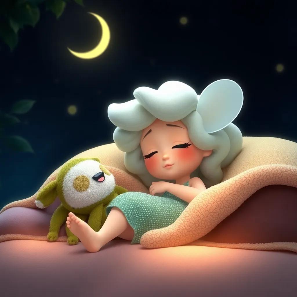 Bella, la abeja aventurera durmiendo con una sonrisa, soñando con sus amigos, luz suave y relajante, digital art, escena inspiradora, lleno de paz, encantador