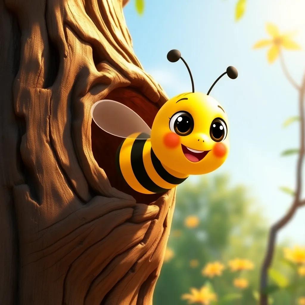 A small bee named Bella, with bright yellow and black stripes, flying out of her golden hive on an old tree with sunshine, cheerful, vibrant colors, warm light, child-friendly