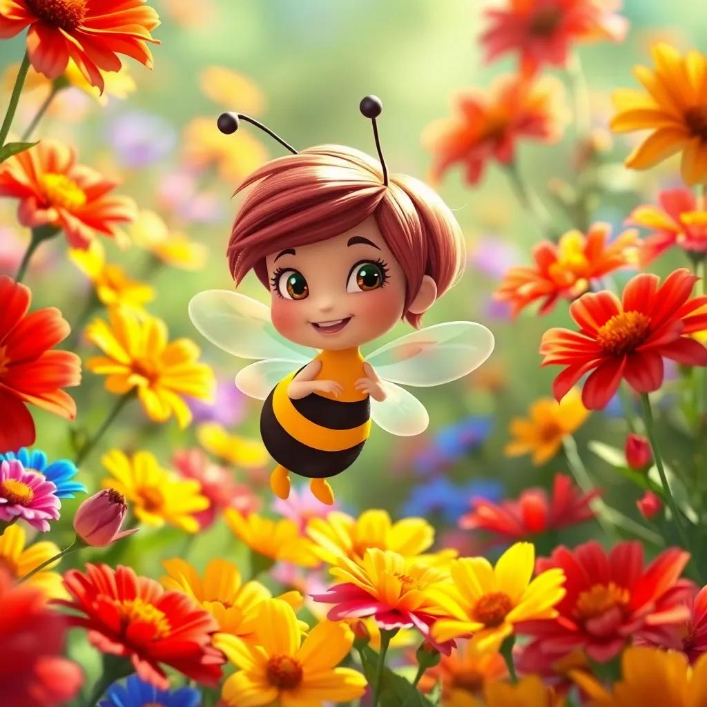 Bella the bee discovering a bright garden full of flowers in reds, yellows, and blues, fluttering among the petals, digital art, joyful, colorful atmosphere, soft sunlight
