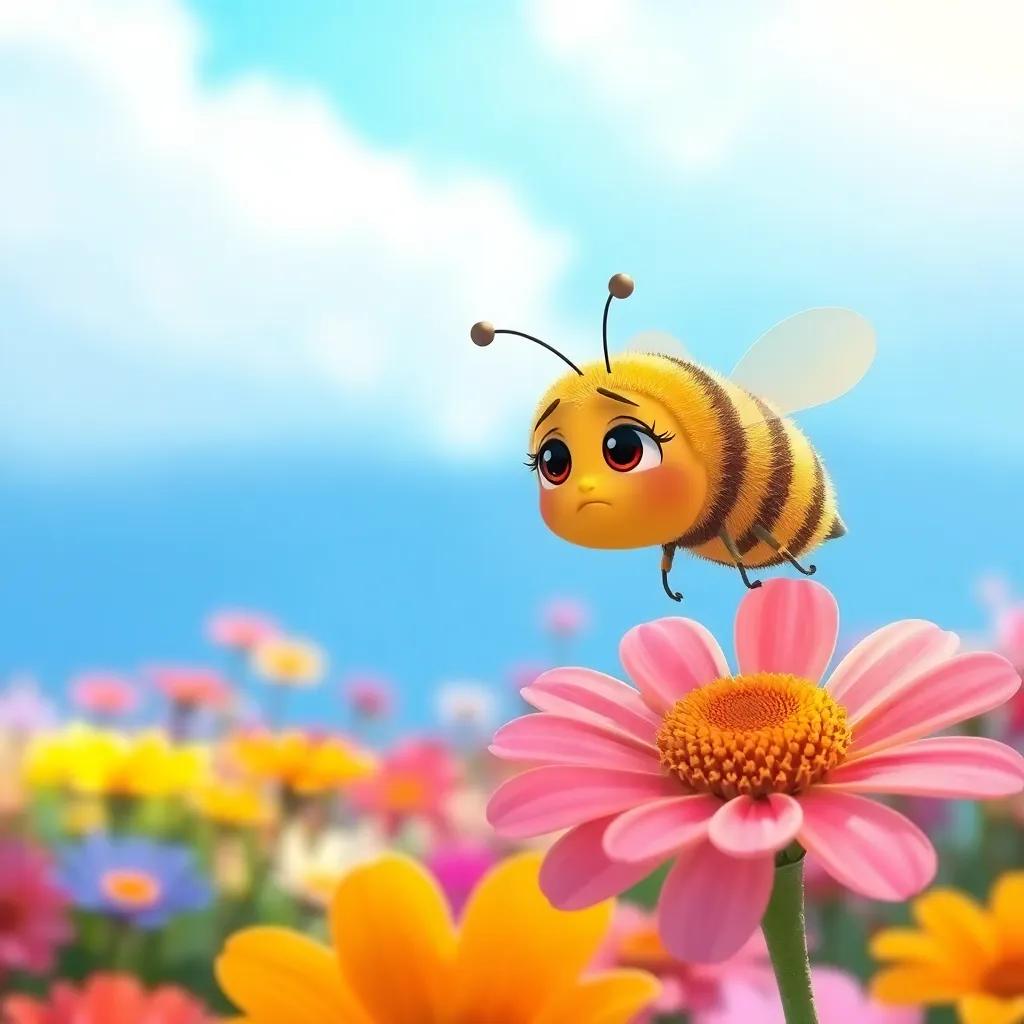 Bella, a small bee, looking worried as she hovers alone above a flower, in a colorful garden, with a beautiful blue sky, child-friendly, warm light, endearing
