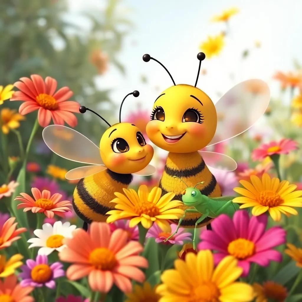 Bella the bee meets her new friend Leo, a small green grasshopper, mingling among colorful flowers, smiling and having fun, cheerful scene, nature, child-safe